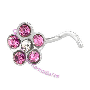 Jewelled Flower - Pink  - Silver Nose Stud